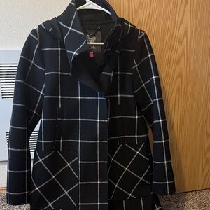 Vince Camuto Black Windowpane Hooded Pea Coat